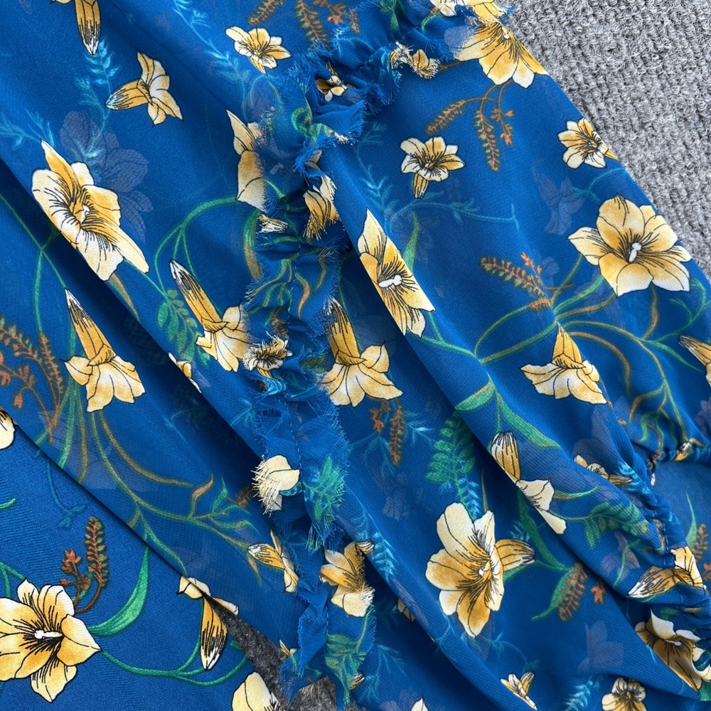 Floral Rhinestone Puff Sleeve Top Womens Medium Blue Sheer‎ Boho Cottage Party - Picture 10 of 12